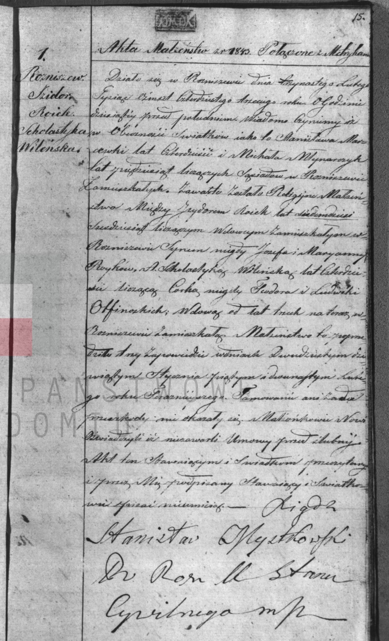Crop of Marriage act 1/1843, Rozniszew parish